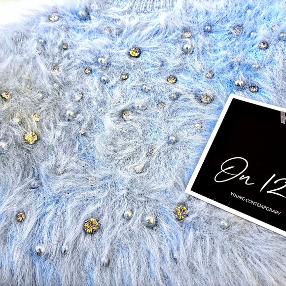 On 12th Blue Soft Fuzzy Pullover Sweater Rhinestones Beads Womens Small NEW - Picture 9 of 13